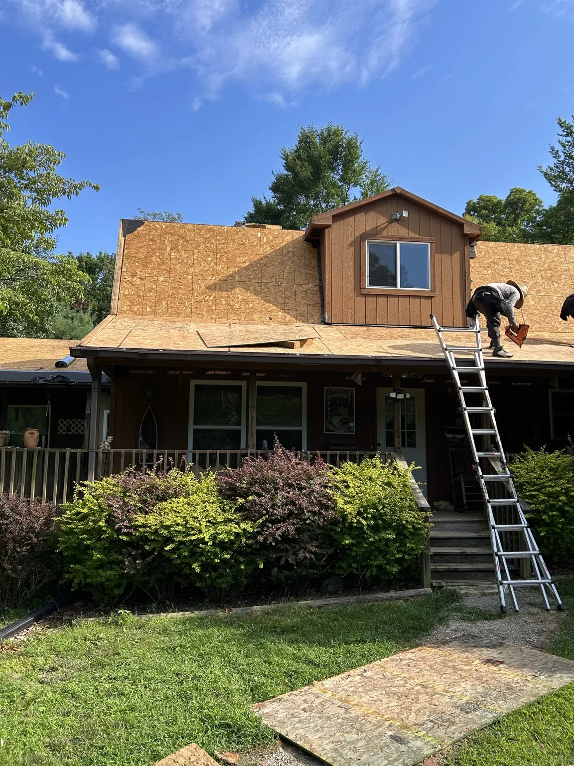 Exposed gable roof decking during replacement work