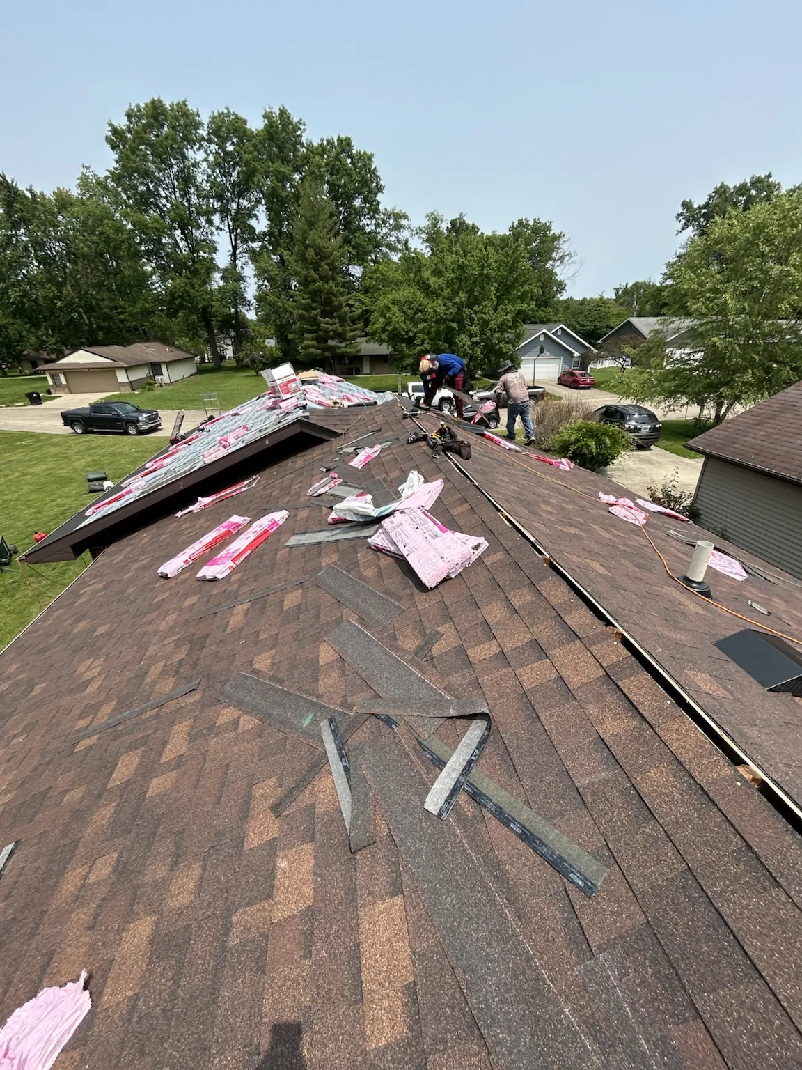 Roof tear-off in progress on an Indiana home